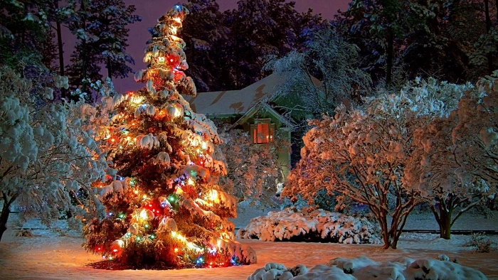 snow christmas day eve snowy night lights 2k