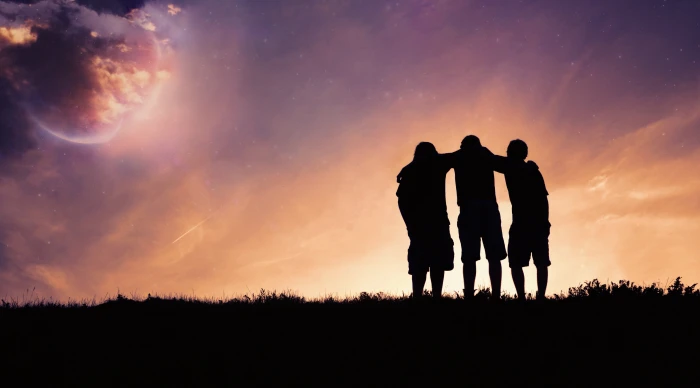 three men standing on top of hill silhouette person sunset 2k 4k 5k