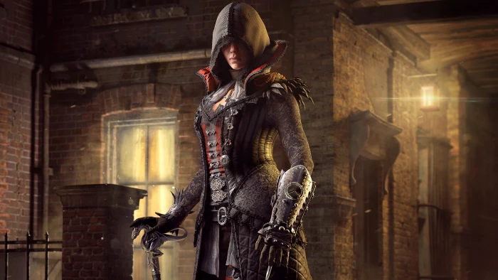 character wearing black and brown suit wallpaper Evie Frye 2k