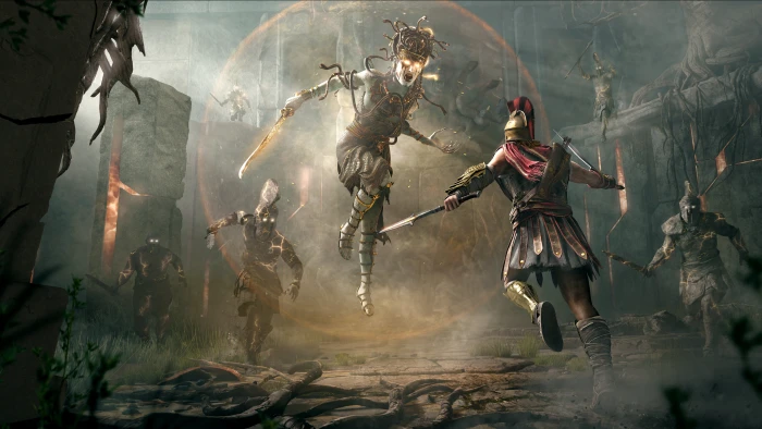 gladiators fighting against Medusa painting video games Video Game Art 2k 4k