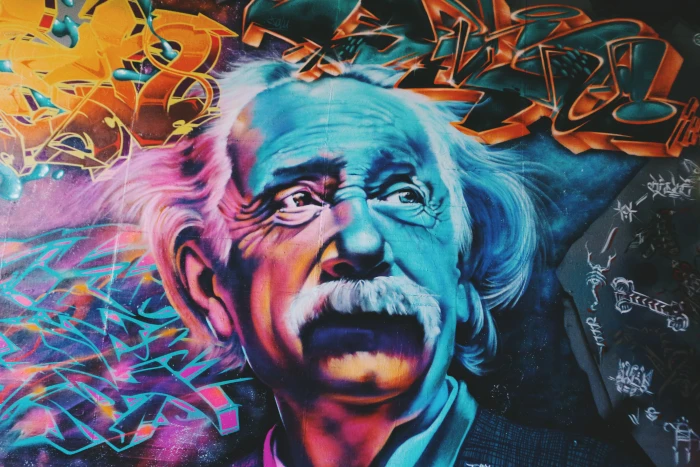 multicolored illustration of Albert Einstein wall decor graffiti art 2k 4k 5k