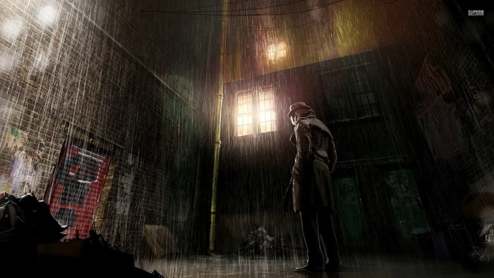 men s black coat movies Watchmen superhero Rorschach rain 2k