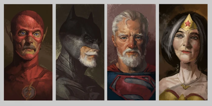 artwork The Flash old people Superman superhero Wonder Woman 2k