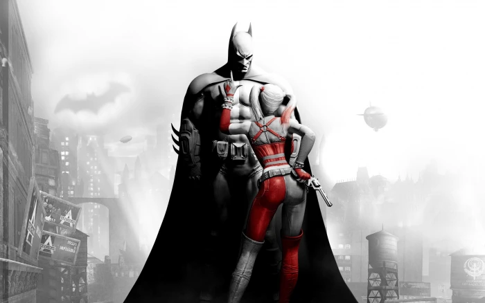 Batman and Harley Quinn digital wallpaper selective coloring 2k
