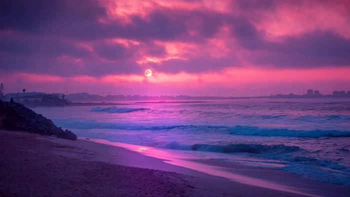 Earth Sunset Beach Ocean Purple 2k 4k