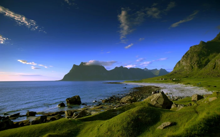 Norway beach rock mountains landscape Lofoten water scenics nature 2k