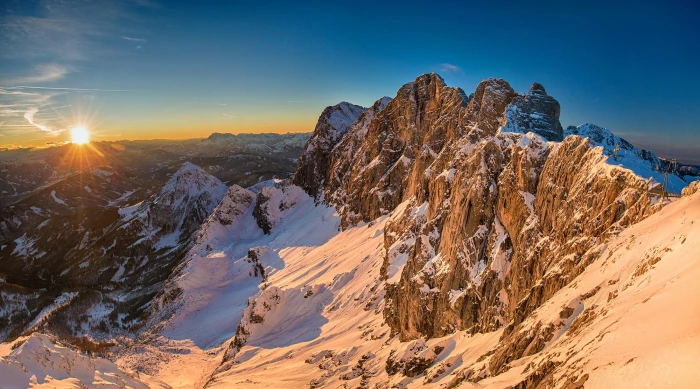 snow capped mountain range dachstein austria golden hour alpine 2k