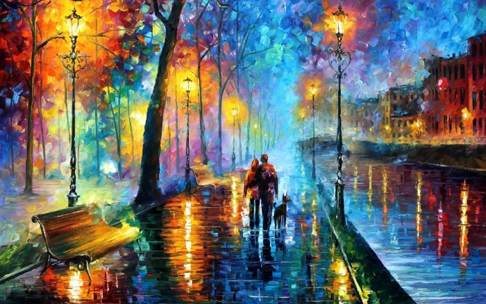 couple with dog on park painting Leonid Afremov bench water 2k