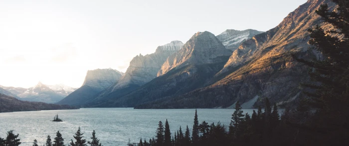 black mountain ultrawide snow mountains landscape mist lake 2k