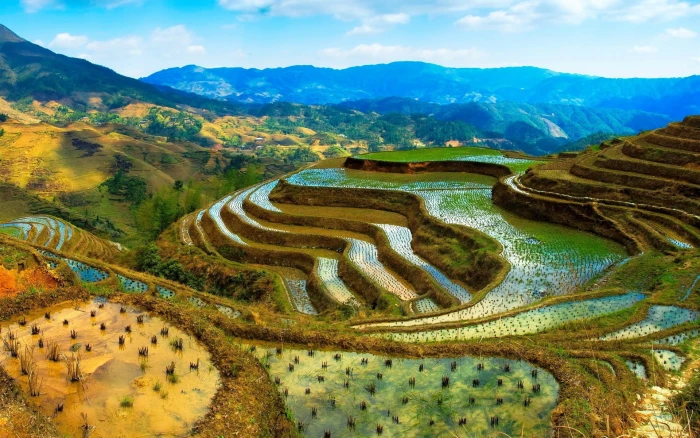 China terraces water mountains beautiful scenery 2k