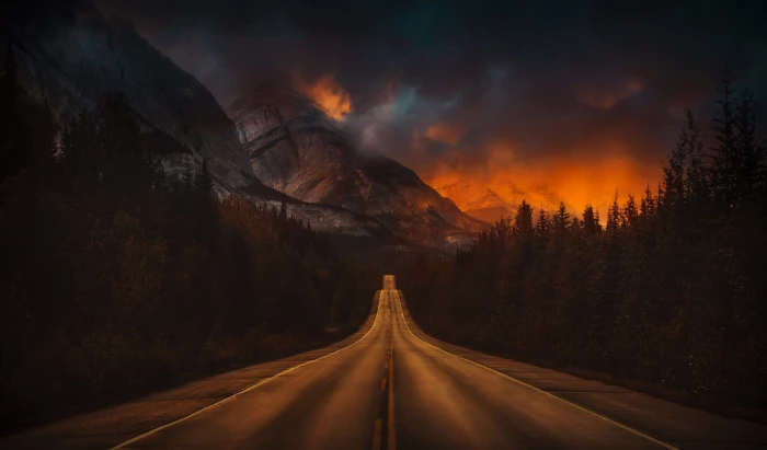 gray concrete road nature landscape sunset evening mountains 2k 4k