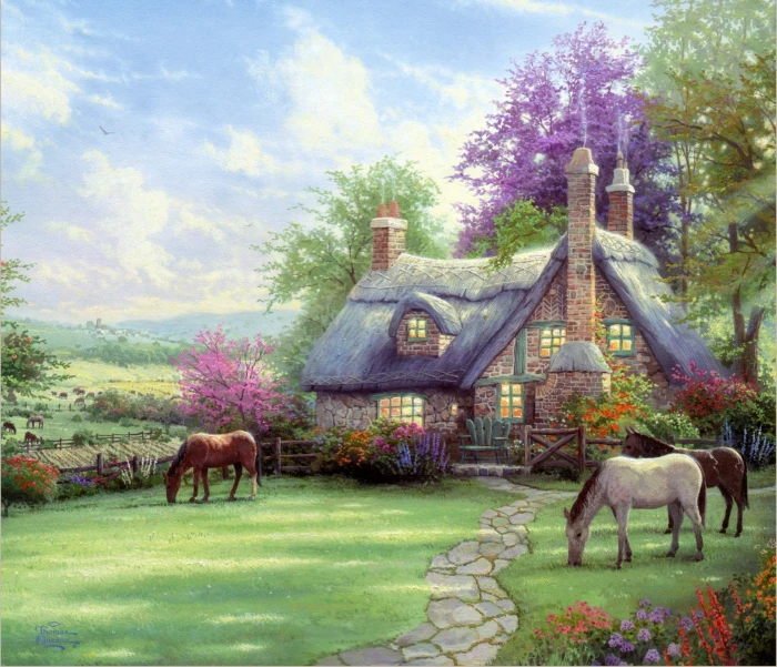 multicolored painting of house and horses nature Thomas Kinkade 2k