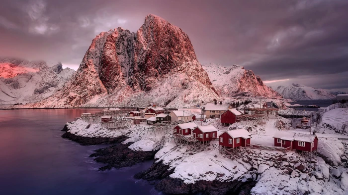 nature winter mountain lofoten islands snow reine norway 2k