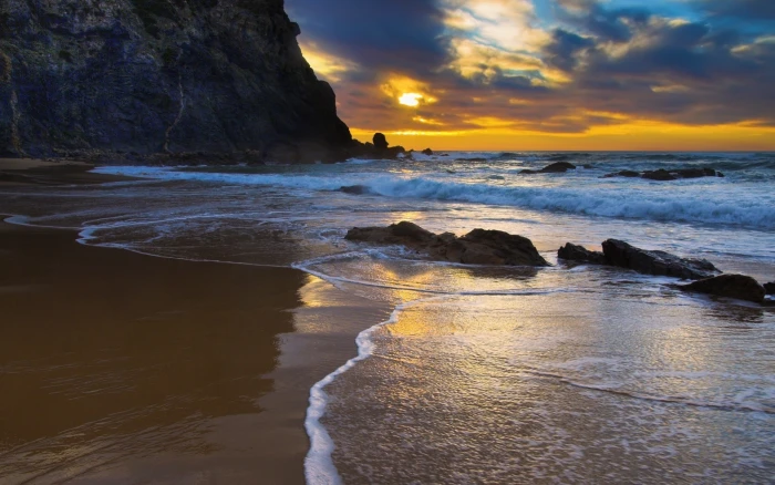 coast nature waves beach cliff rock sunset landscape 2k