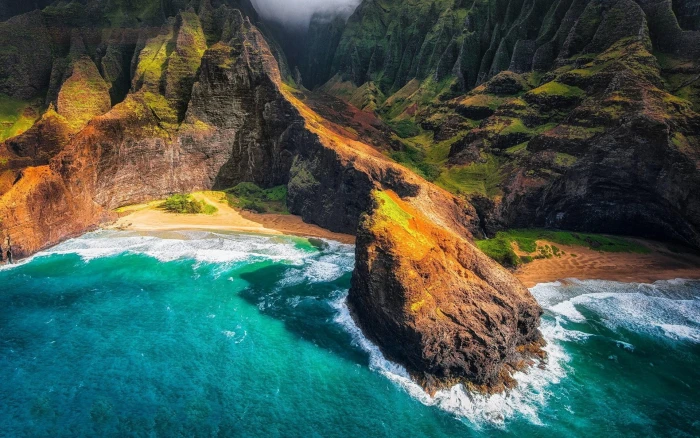 green and brown mountain sea landscape nature Kauai Hawaii 2k