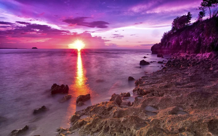 Sunset On A Rocky Beach In Magenta Hdr Hd Wallpaper 2k