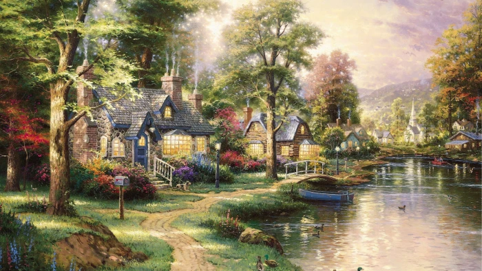 brown and blue houses beside river painting landscape lake 2k