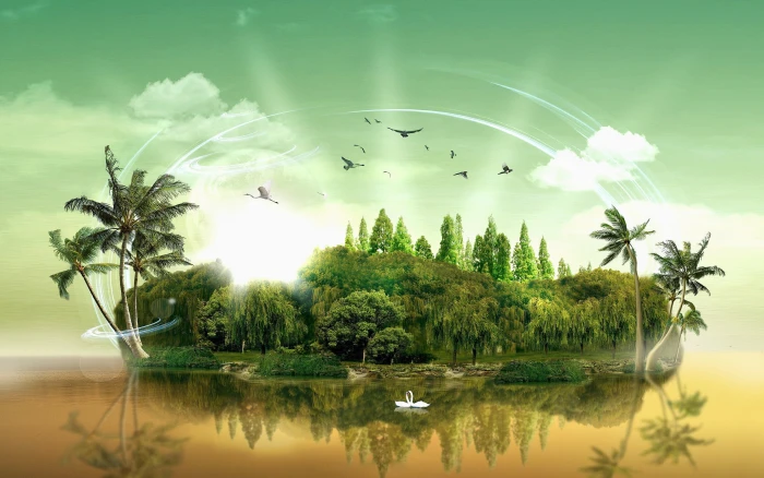 green island wallpaper artwork fantasy art swan digital 2k