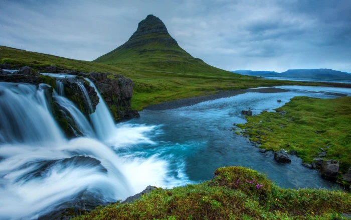 Iceland waterfall hills river Nature Scenery HD Wa green mountains and water falls 2k