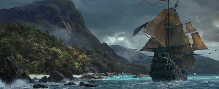 Skull and Bones game Concept Art sailboat near mountain digital wallpaper 2k 4k
