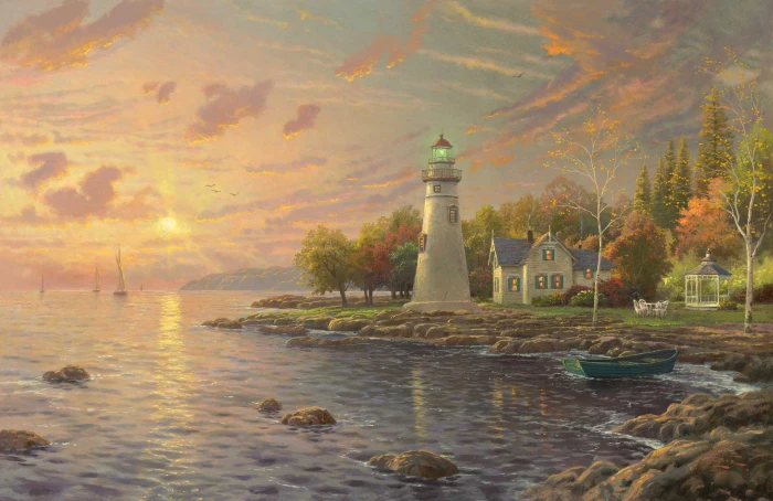 white and gray lighthouse near body of water autumn sunset 2k
