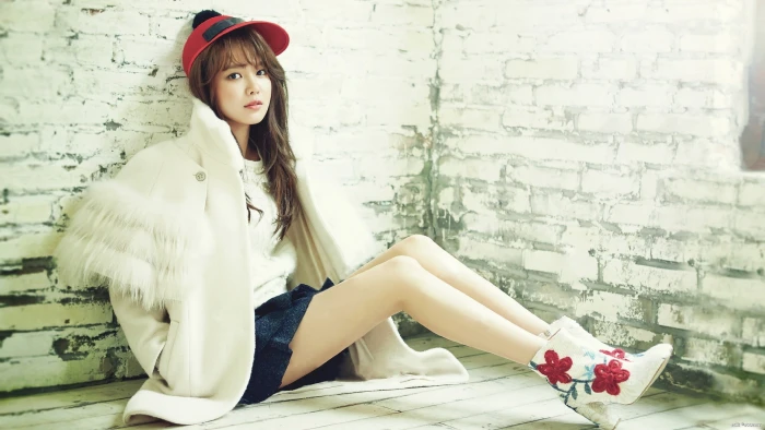 women s white coat auburn hair Asian hat skirt legs high heels 2k