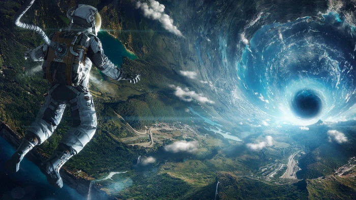 astronaut digital wallpaper in front black hole artificial gravity 2k