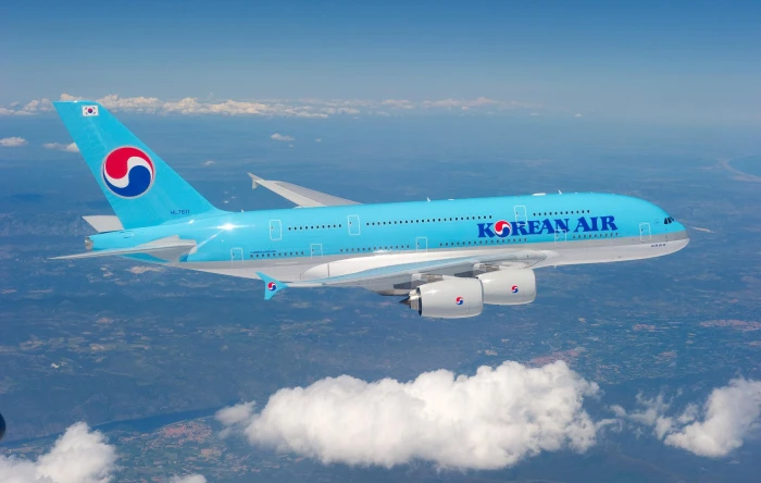 blue and white Korean Air passenger plane The sky Clouds Flight 2k