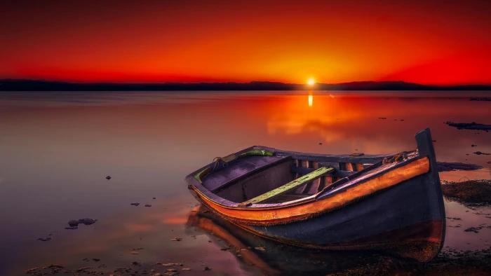 boat sunset lake horizon calm red sky afterglow 2k 4k