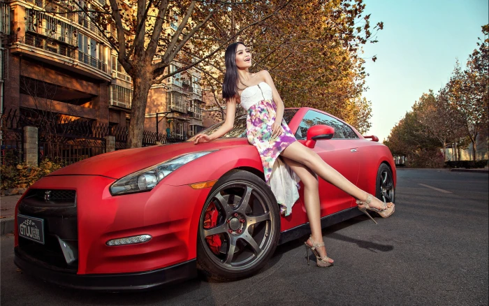 red coupe machine auto girl model Asian car nissan GT R 2k