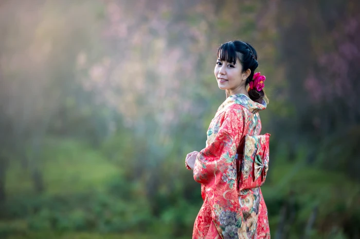 woman wearing pink and green floral kinomo traditional dress 2k 4k