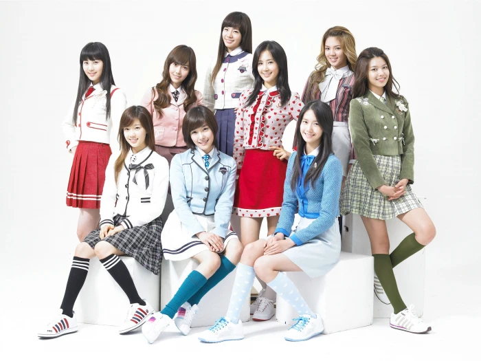 women s blue long sleeved shirt and white miniskirt girls generation 2k