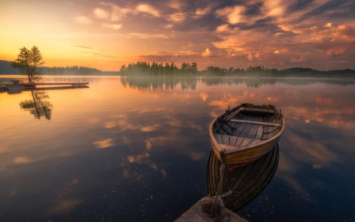Sunset Reflection Boat In Peaceful Lake Ringerike Norway Landscape Photos Desktop Hd Wallpaper For Mobile Phones Tablet And Pc 71 2k 4k