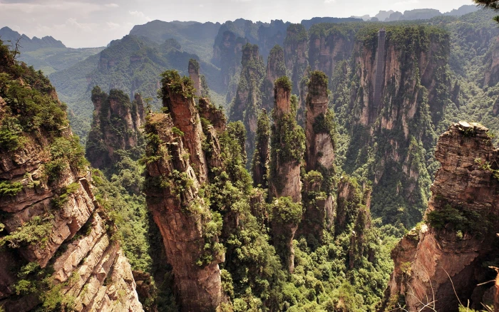 brown rock formations landscape mountains China trees nature 2k