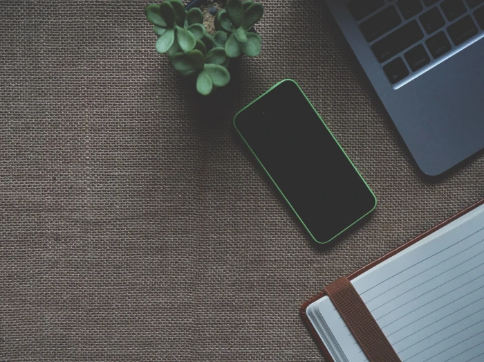 green iPhone beside leaf plant sackcloth textured 2k