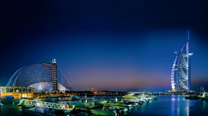Cityscape Burj Al Arab Night Jumeirah Beach Hotel Dubai 2k 4k