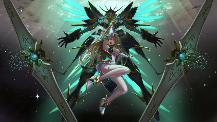 girl fantasy game cleavage anime mech weapons blonde 2k 4k