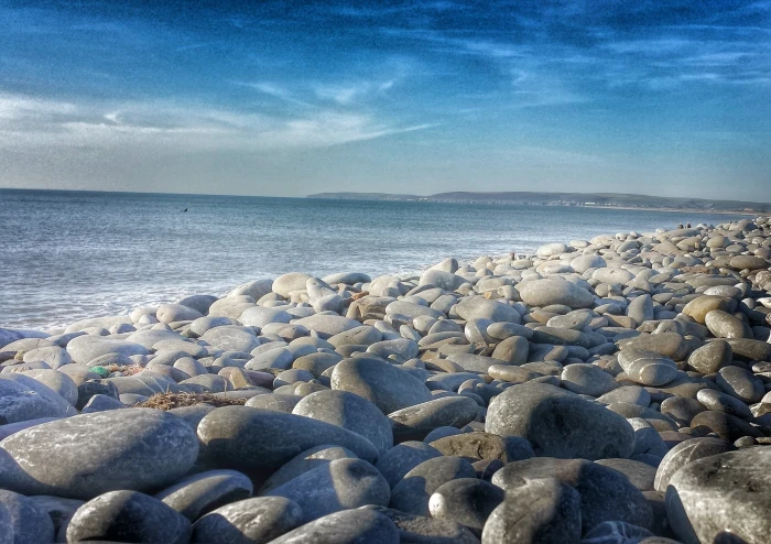 painting of beach England pebbles surfing blue coast sea 2k