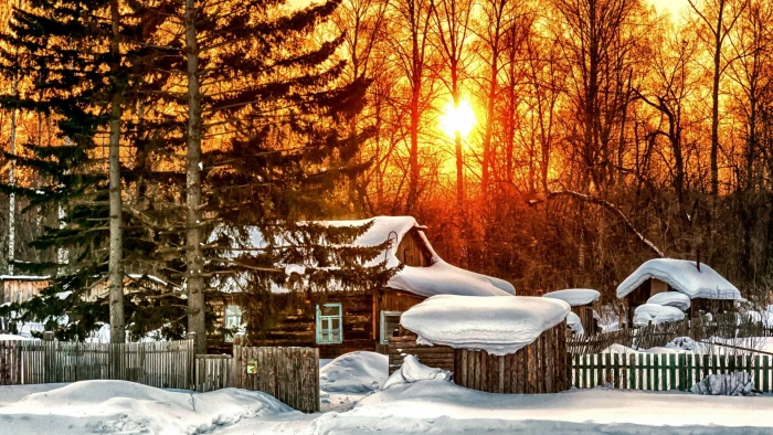 winter snowy log cabin sunset nature tree house pine 2k