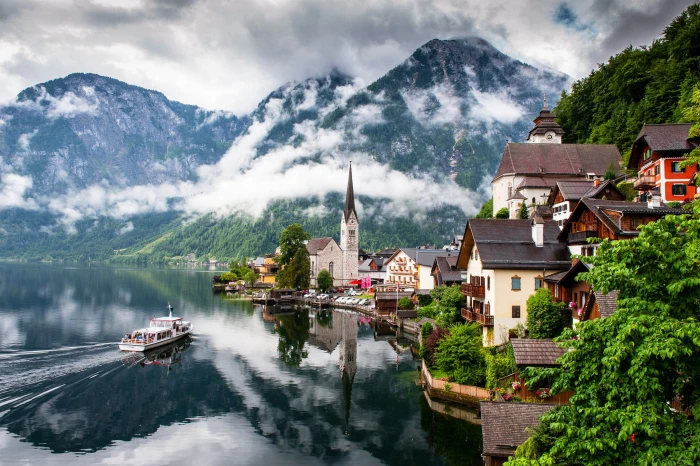 Austria Hallstatt Salzkammergut city Lake mountains clouds 2k