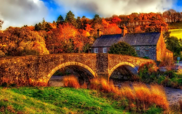 Autumn river bridge house trees HDR scenery 2k