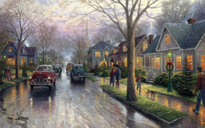 street painting Christmas lights Thomas Kinkade christmas decoration 2k