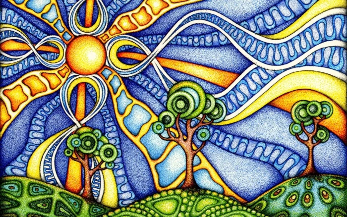 painting of trees and sun artwork psychedelic colorful nature 2k