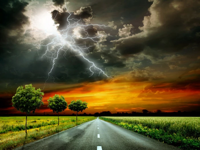 clouds grass lightning nature roads scenery sky thundercloud 2k