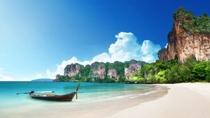 summer blue sky boat vacation railay beach coast sea 2k 4k