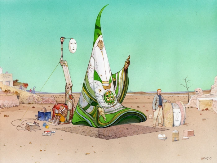 two green and white horse painting M bius sand nature land 2k