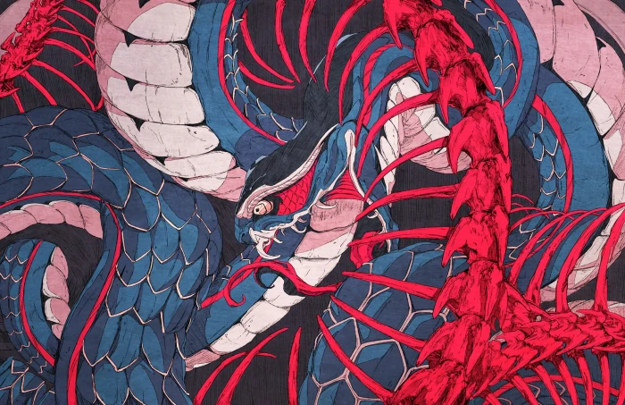 blue red and white dragon illustration ouroboros bones snake 2k