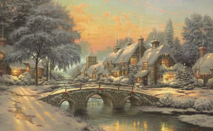 Classic Christmas Painting by Thomas Kinkade Village wallpaper 2k