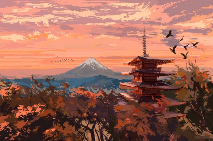 digital painting Japanese Art landscape Fangpeii 2k 4k