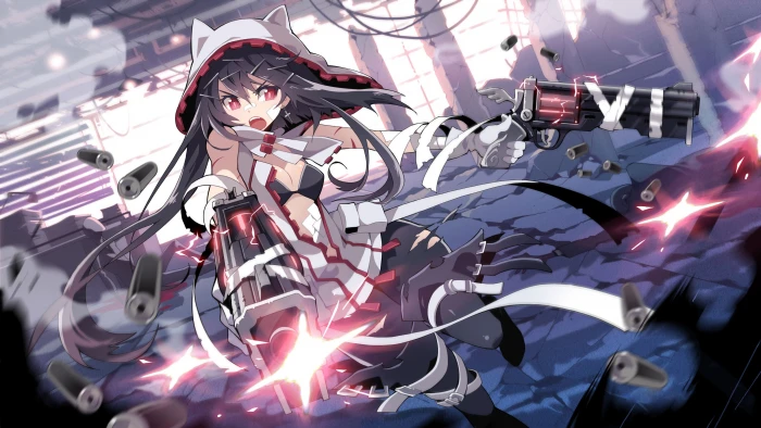 female anime character digital wallpaper girls gun red eyes 2k 4k